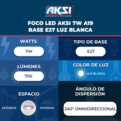 Foco LED A19 7W luz blanca, caja color