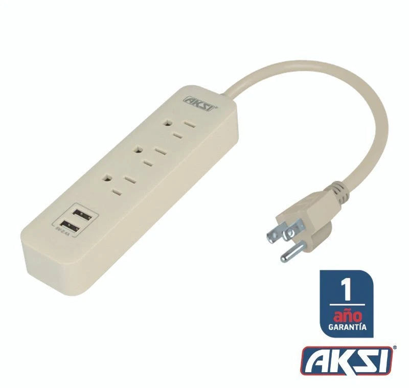 Barra multicontacto 3 entradas y 2 puertos USB, cable 50 cm 16 AWG, 300 Joules